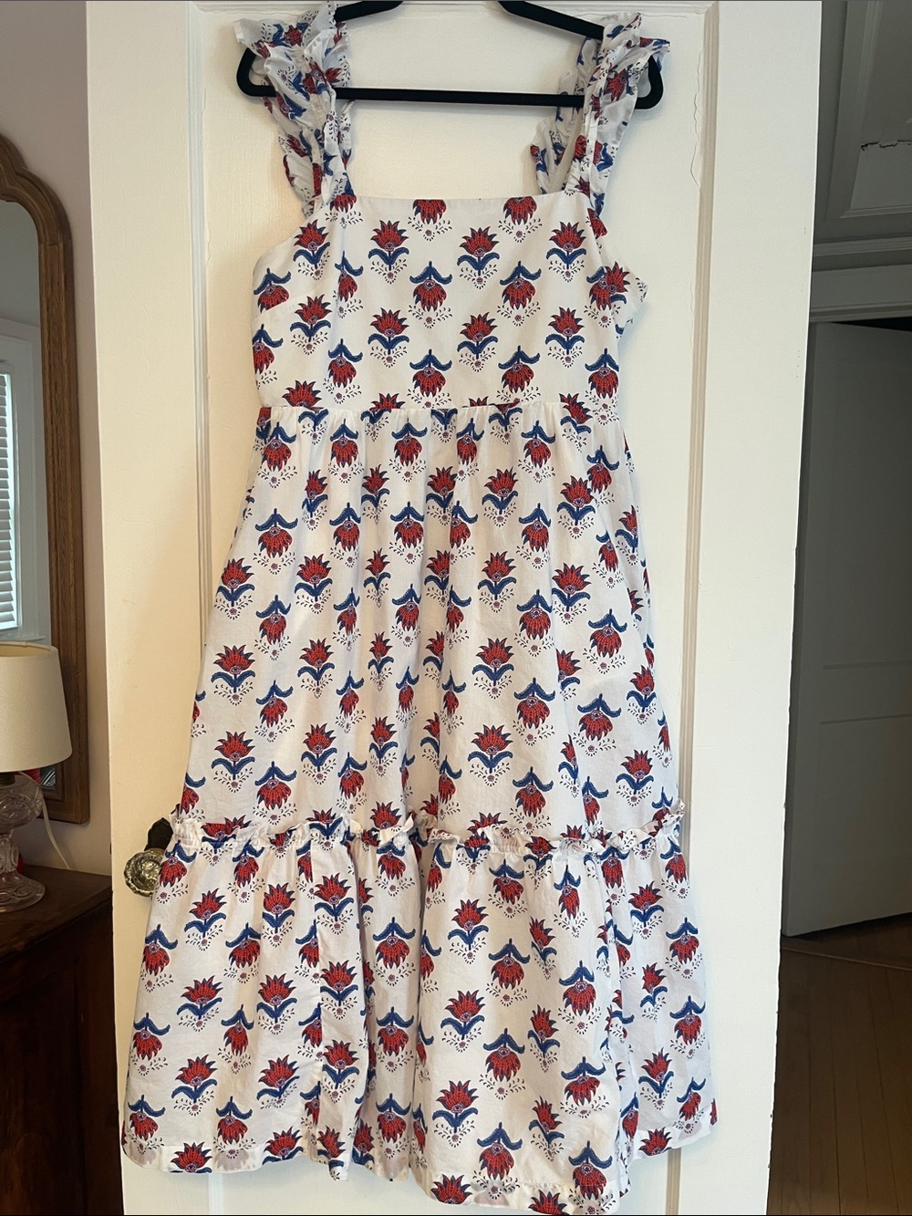 J.Crew Red, White & Blue Block Print Square-neck Ruffle-Strap Midi Dress